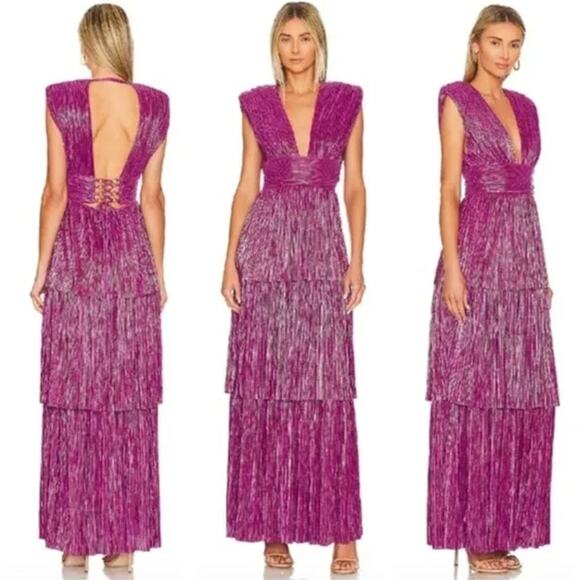 Sabina Musayev Judith Gown V-Neck Pleated Lace-Up Backless Tiered Maxi Dress - Picture 2 of 16